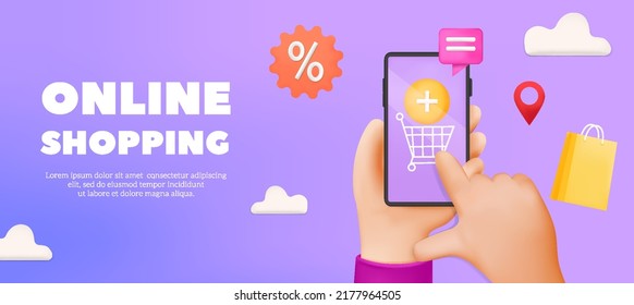 3d web vector illustration.Banner of hand held mobile smart phone with shopp app. Online shopping concept. Sale