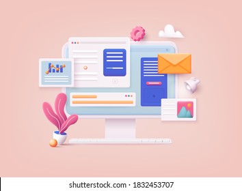 3D Web Vector Illustrations. Computer with open pages. Landing page template for web.