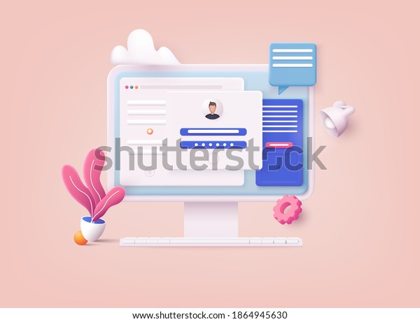 3D Web Vector Illustrations. Computer and account\
login and password form page on screen. Sign in to account, user\
authorization, login authentication page concept. Username,\
password fields.