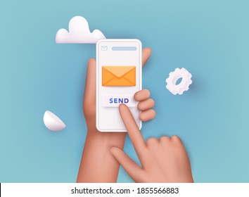 3D-Web-Vektorgrafiken. Handhalten Sie Handy Smartphone mit E-Mail-App. Postdienstkonzept