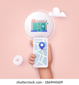 3D Web Vector Illustrations. Hand Holding Mobile Smart Phone With Application Search Pharmacy. Find Closest On City Map.