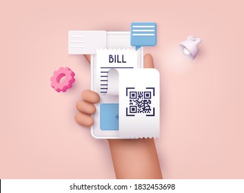 3D Web Vector Illustrations. Hands holding phone with Paying bills. Payment of utility, bank, restaurant and other. Flat design modern vector illustration concept.