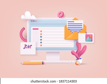 3D Web Vector Illustrations. Mail service concept.  Computer with open pages.