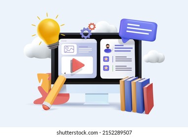 3D Web Vector Illustrations. Online concept. Computer with open pages. e-learning design over background, vector illustration. online courses application. Education and back to school. 3d realistic. - Shutterstock ID 2152289507