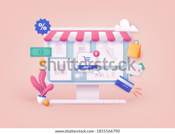 3D Web Vector Illustrations. Online\
shopping.Design graphic elements, signs, symbols. Mobile marketing\
and digital marketing.