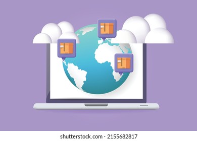 3d símbolo o fondo de webshop. Con cajas de paquetes y globo terrestre.