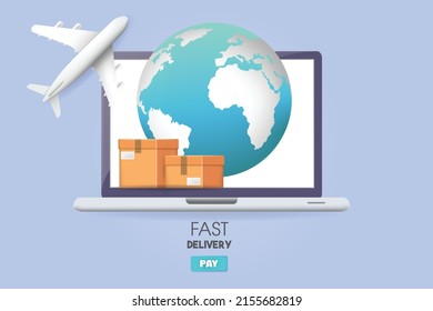 3d webshop symbol or background. With package boxes and earth globe.