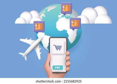 3d webshop symbol or background. With package boxes and earth globe.