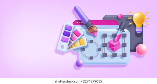 3D website design banner, vector UI UX page redesign illustration, interface design tools, palette. Digital landing page build, creative idea concept, designer software screen. 3D design background