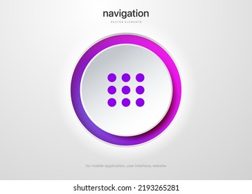 3d website navigation hamburger menu icon button. Flat website menu icon with rounded circle push button. Mobile app menu icon vector set of UI UX design elements. App burger icon. Stock vector EPS10.