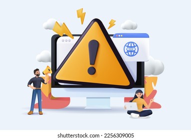 3D website testing, warning error. People examining operating system crash on web page isolated 3D render vector illustration. Cartoon mistake alert on website. Computer diagnostics 3D illustration