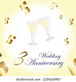 3d wedding anniversary card with two glasses of champagne, with a golden serpentine. Vector illustration