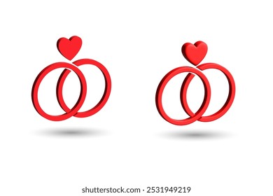 3D Wedding rings with a heart symbol. 3D Simple heart icons for infographics, websites, web design.