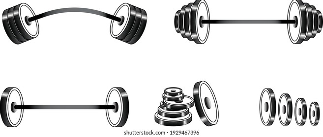 3D weight lifting barbell silhoutte, vector Dumbbell Bars Weight Disks 