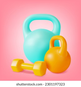 3d Weights Concept Different Barbell Set Cartoon Style. Vector illustration of Kettlebell and Dumbbell