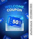 3d welcome coupon banner template with flying coupons in transparent envelope, isolated on background. Gift voucher giveaway poster for new member discount event. Vector illustration