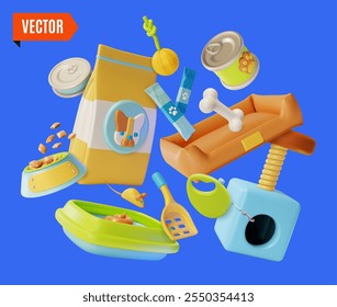 3d Bienvenido al estilo de diseño de dibujos animados de fondo de concepto de tienda de mascotas. Ilustración vectorial de Productos para animales domésticos