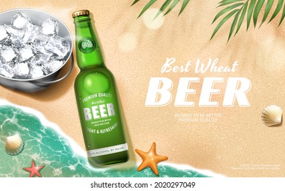 3d wheat beer ad banner. Illustration of beer glass bottle lying on coastline with bucket of ice cubes aside on beach sand background