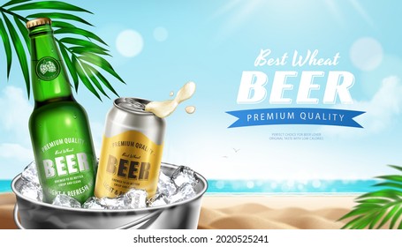 3d wheat beer ad banner. Illustration of refreshing wheat beer bottle and can in bucket fulled of ice on beach background