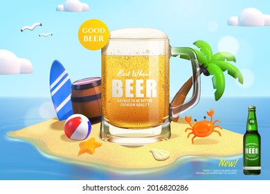 3D Weizenbier Werbung. Ein Glaskrug mit Weizenbier auf tropischer Insel mit Surfbrett, Fass und Palme