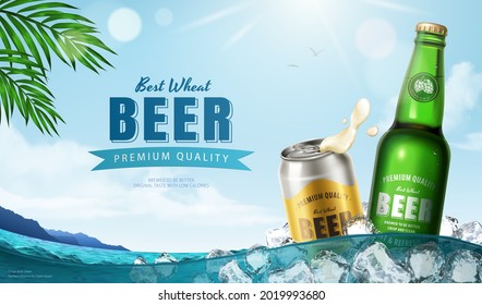 3d wheat beer ad. Illustration of beer bottle and can being chilled in the seawater with lots of ice cubes