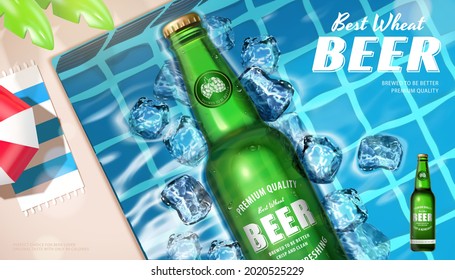 3d wheat beer banner ad. Illustration of beer glass bottle in swimming pool with ice cubes surrounded