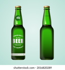 3d wheat beer glass bottles mockup. Illustration of a beer bottle with label and an empty bottle with brass cap on green background
