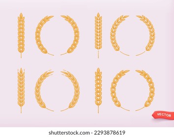 3d Wheat wreaths and grain spikes set icons. 3D Web Vector Illustrations.