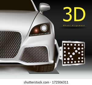 3D wheel alignment service. Modern silver car with sensor on wheel. 