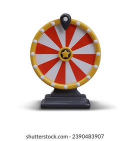 3D wheel of fortune on stand. Vector illustration on white background. Template without marks, mockup. Lottery equipment. Casino concept. Online game success