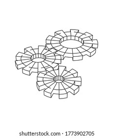 3D wheel gear mechanism vector perspective symbol mechanism vector icon with an outline style and white background