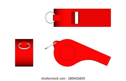 3D whistle on a top view, side view and front view with realistic style. A whistle is an object that is used to produce sound by being blown.