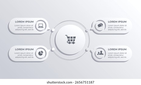 Infografía de comercio electrónico de 4 pasos en blanco 3D con iconos biselados y línea de tiempo de Carrito de compras sobre fondo blanco