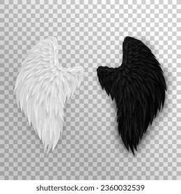 3D white angel wing and dark devil, daemon wing. Two realistic half wings isolated on transparent background. Heaven and hell, good and evil concept. Festival, masquerade, carnival costume. 