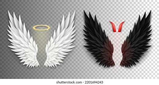 3D white angel wings with golden nimbus, halo and black devil wings with red daemon horns isolated on transparent background. Realistic festival, carnival costume. Fantasy, religion concept. svg