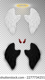 3D white angel wings with golden nimbus, halo and black devil wings with red daemon horns isolated on transparent background. Realistic festival, carnival costume. Fantasy, religion concept.