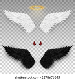 3D white angel wings with golden nimbus, halo and black devil wings with red daemon horns isolated on transparent background. Realistic festival, carnival costume. Fantasy, religion concept.