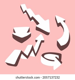 3D White Arrows Set Collection Icon Symbol on Pink Background. Flat Vector Illustration.