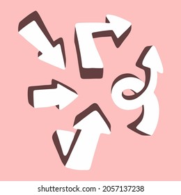 Flechas blancas 3D Establece el símbolo del icono de la colección en fondo rosado. Ilustración de vectores planos.