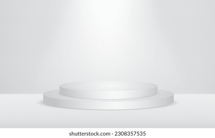 Los productos de fondo blanco 3D muestran el podio. Resumen brillar el podio peatonal del cilindro de plata. Habitación vacía blanca de Sci-fi. Presentación de productos, presentación de productos, presentación de promociones. EPS10 vectores.