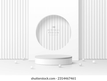 3D white background realistic cylinder podium with balls beads and vertical stripes pattern scene. Wall minimal mockup product display. Abstract geometric platforms. Stage showcase. Vector rendering.