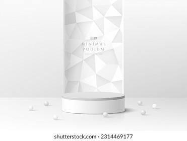 3D white background realistic cylinder podium with beads and low polygon scene in rectangle window. Wall minimal mockup product display. Abstract geometric platforms. Stage showcase. Vector rendering.