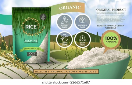 3D white basmati rice. Full paddy bowl. Healthy cooked harvest in hand bag. Local farmers field. Microwave food. ereal crop. Advertising banner design. Vector exact landscape background