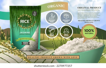 3D white basmati rice. Full paddy bowl. Healthy cooked harvest in hand bag. Local farmers field. Microwave food. ereal crop. Advertising banner design. Vector exact landscape background