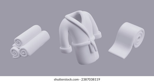 3D white bath robe, stack of twisted towels, toilet paper. Set of vector illustrations. Isolated images without labeling, mockup. Goods for sauna, hotel, spa, home use