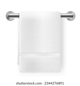 3D White Bathroom Soft Cotton Towel On Hanger. EPS10 Vector