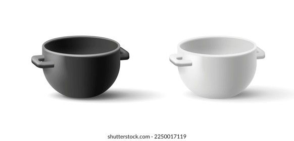 3D white and black deep plate with handles for food. Blank template for mockup, on a white background.