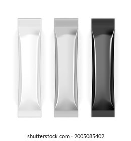 3D White, Black And Silver Glossy Snack Packaging With Shadow. EPS10 Vector