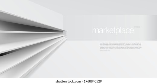 3D White Blank Empty Shelf. Front View. EPS10 Vector