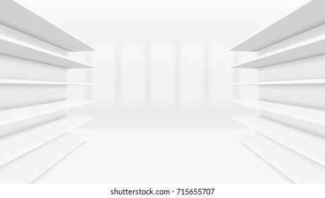 3D White Blank Empty Shelf. Front View. EPS10 Vector